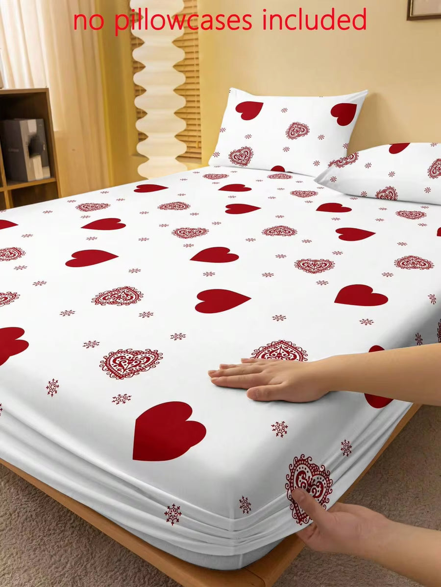 1pc Heart Pattern Fitted Sheet, Modern Fabric Fitted Bottom Sheet For Bedroom