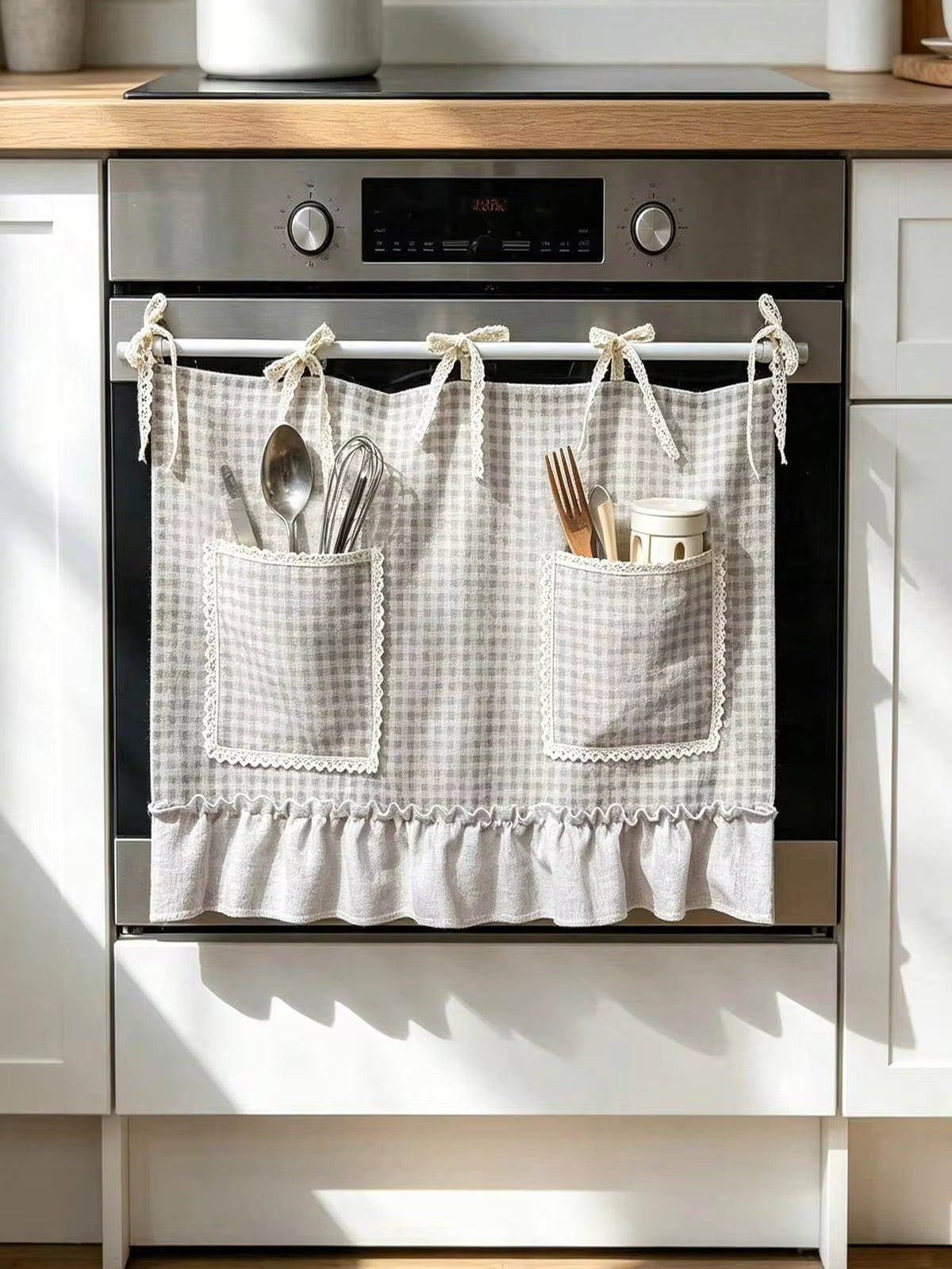 Korean-Style Cute Pocket Design, Can Hold Cutlery And Flowers. Small Window Curtains For Kitchen, Light Brown Plaid Fabric. Apartment Kitchen Drapes,Cafe Style Half Curtains