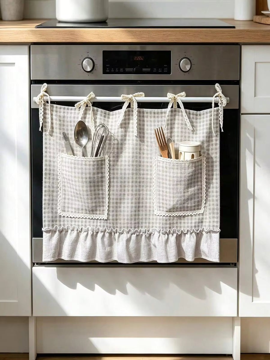 Korean-Style Cute Pocket Design, Can Hold Cutlery And Flowers. Small Window Curtains For Kitchen, Light Brown Plaid Fabric. Apartment Kitchen Drapes,Cafe Style Half Curtains